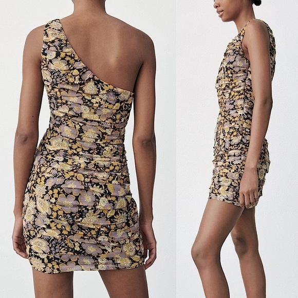 Zara Floral Print One Shoulder Mini Dress - Picture 2 of 12
